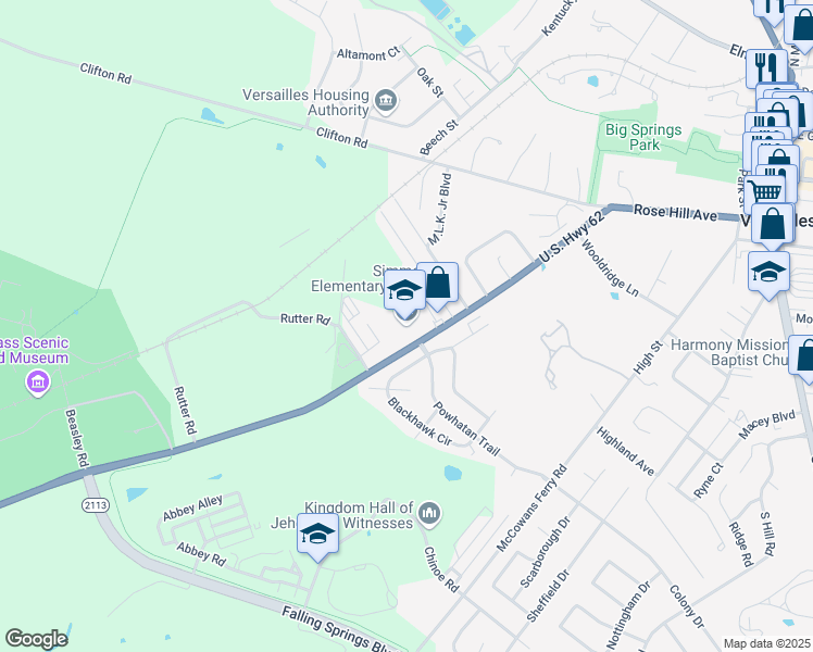 map of restaurants, bars, coffee shops, grocery stores, and more near 830 Tyrone Pike in Versailles