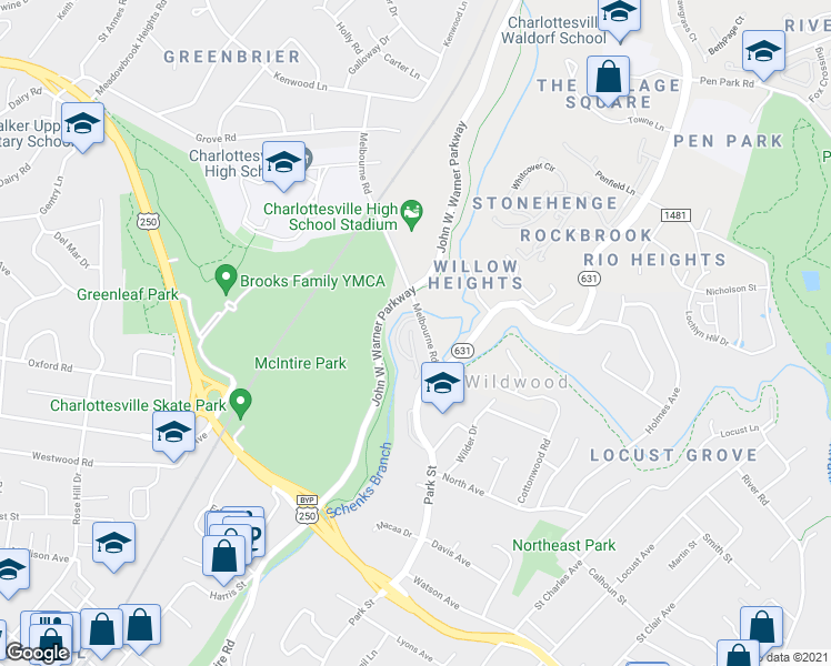 map of restaurants, bars, coffee shops, grocery stores, and more near 108b Melbourne Park Circle in Charlottesville