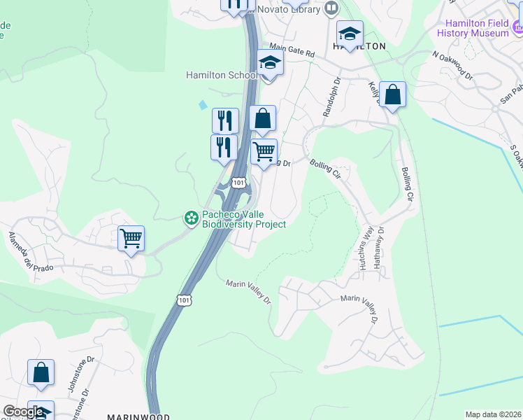 map of restaurants, bars, coffee shops, grocery stores, and more near 229 Marin Valley Drive in Novato