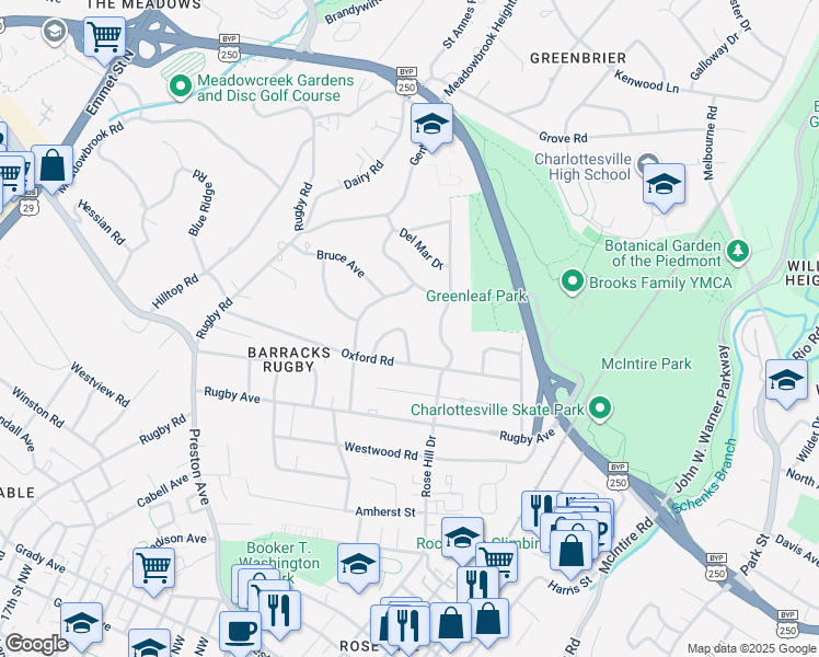 map of restaurants, bars, coffee shops, grocery stores, and more near 1314 Oxford Place in Charlottesville