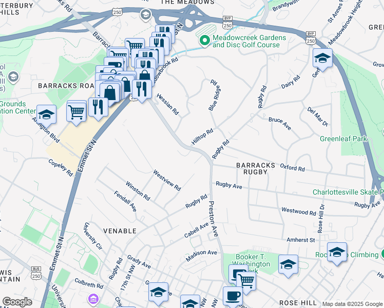 map of restaurants, bars, coffee shops, grocery stores, and more near 1101 Hilltop Road in Charlottesville