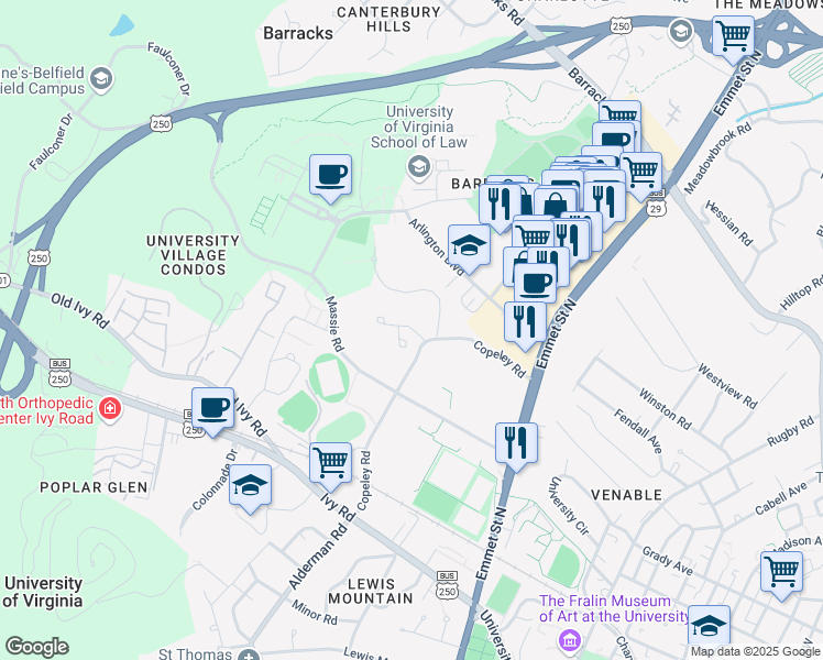 map of restaurants, bars, coffee shops, grocery stores, and more near 448 Seymour Road in Charlottesville