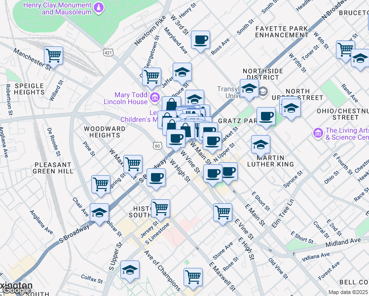 map of restaurants, bars, coffee shops, grocery stores, and more near 109 North Mill Street in Lexington