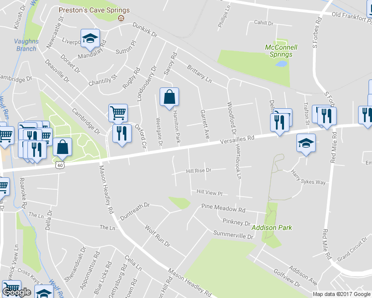 map of restaurants, bars, coffee shops, grocery stores, and more near 1724 Versailles Road in Lexington