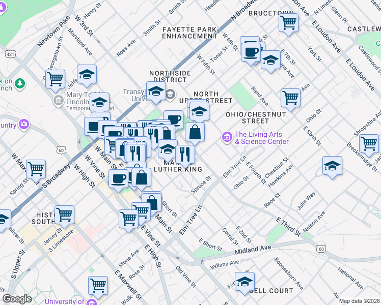 map of restaurants, bars, coffee shops, grocery stores, and more near 122 East Third Street in Lexington