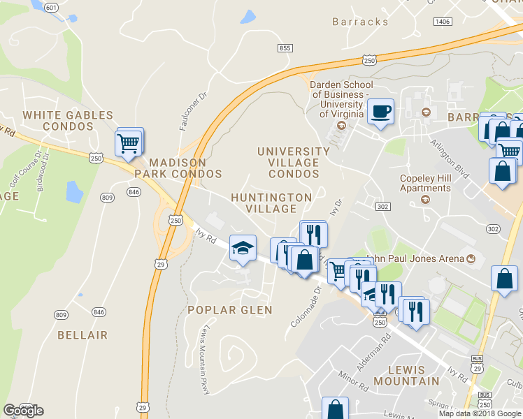 map of restaurants, bars, coffee shops, grocery stores, and more near 136 Harvest Drive in Charlottesville