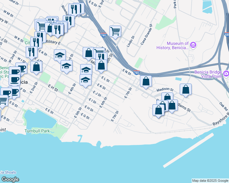 map of restaurants, bars, coffee shops, grocery stores, and more near 617 East K Street in Benicia