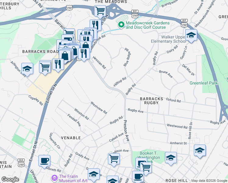 map of restaurants, bars, coffee shops, grocery stores, and more near 1101 Hilltop Road in Charlottesville
