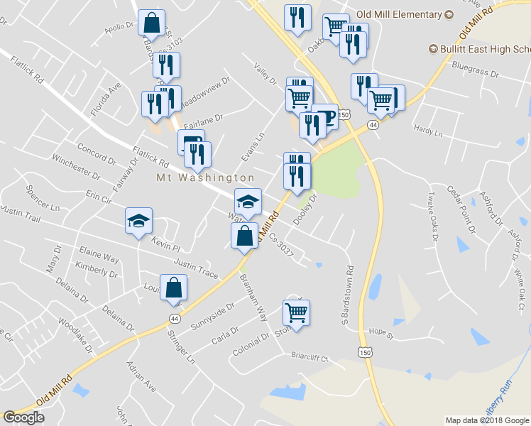 map of restaurants, bars, coffee shops, grocery stores, and more near 144 N Bardstown Rd in Mt Washington
