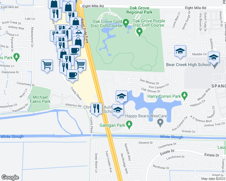 map of restaurants, bars, coffee shops, grocery stores, and more near 3926 Black Butte Circle in Stockton