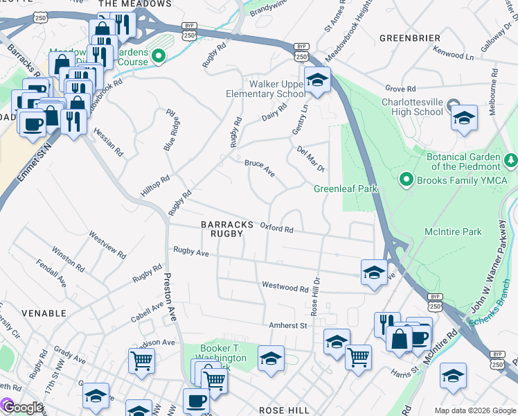 map of restaurants, bars, coffee shops, grocery stores, and more near 1605 Cambridge Circle in Charlottesville
