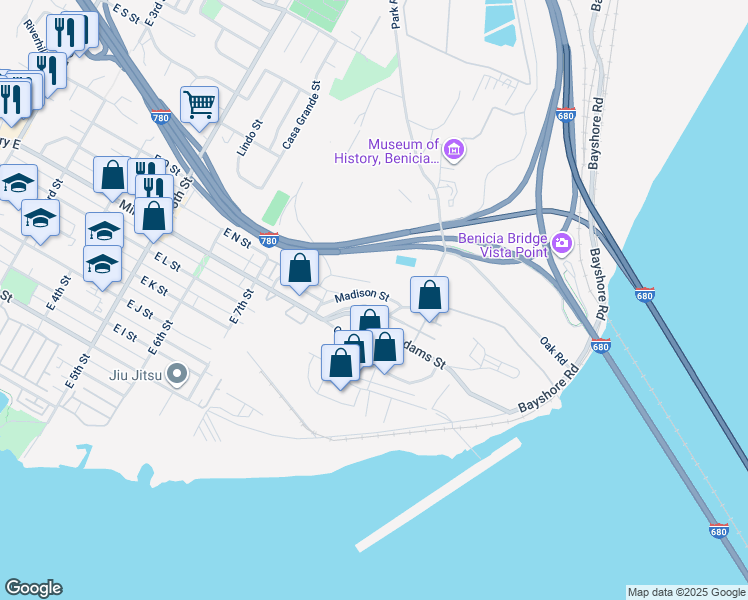 map of restaurants, bars, coffee shops, grocery stores, and more near 909 Jefferson Street in Benicia