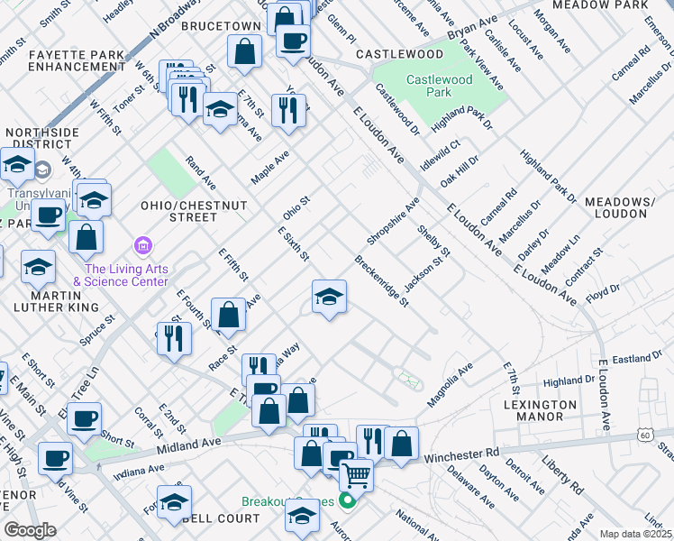 map of restaurants, bars, coffee shops, grocery stores, and more near 613 Shropshire Avenue in Lexington