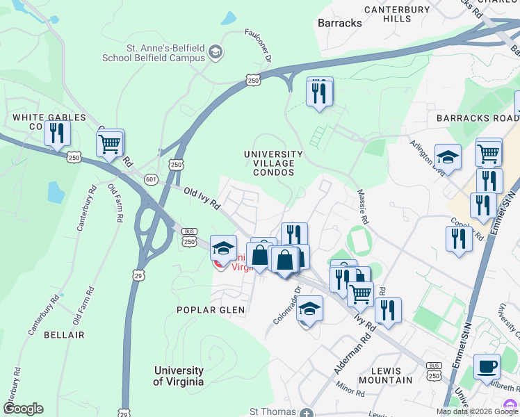 map of restaurants, bars, coffee shops, grocery stores, and more near in Albemarle County
