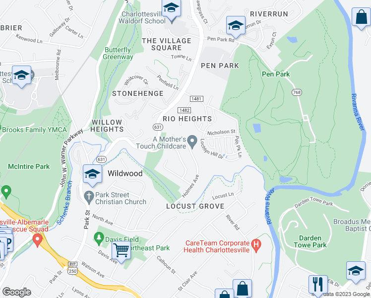 map of restaurants, bars, coffee shops, grocery stores, and more near 1231 Holmes Avenue in Charlottesville