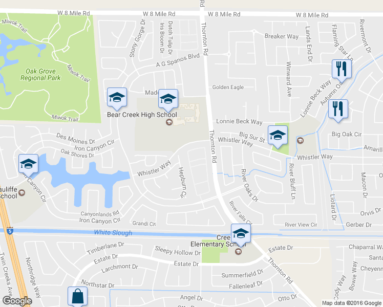 map of restaurants, bars, coffee shops, grocery stores, and more near 3197 English Oak Circle in Stockton