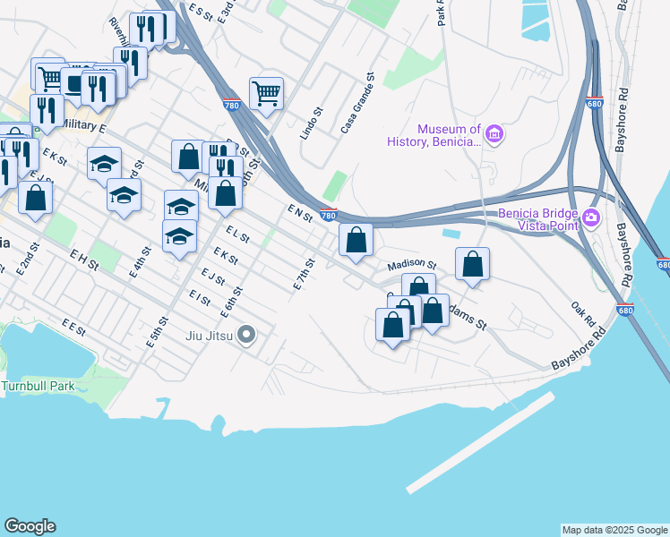 map of restaurants, bars, coffee shops, grocery stores, and more near 1306 East 7th Street in Benicia