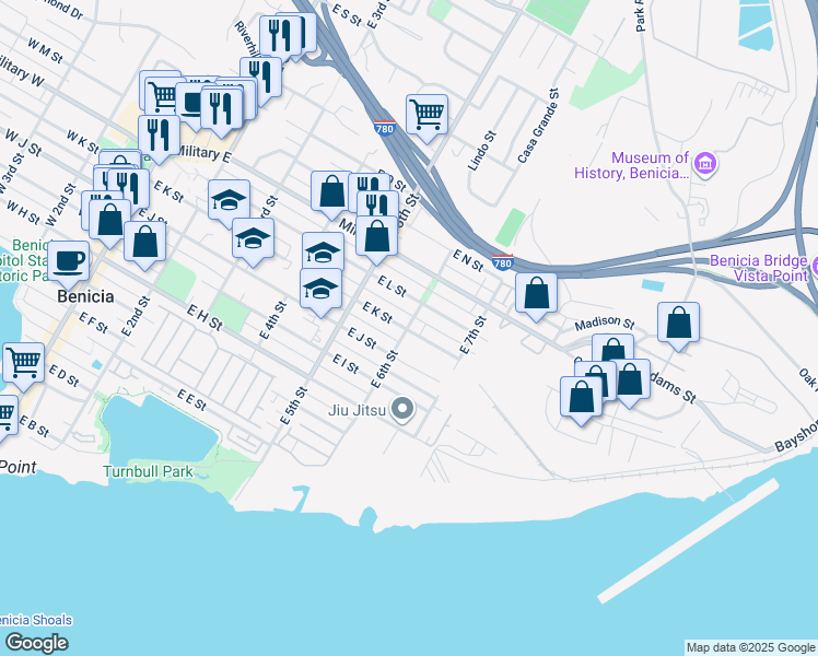 map of restaurants, bars, coffee shops, grocery stores, and more near 561 East K Street in Benicia