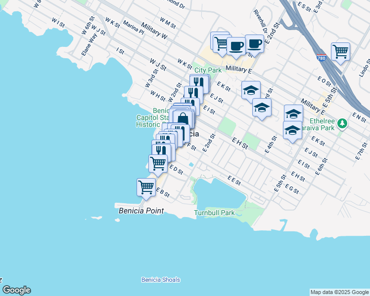 map of restaurants, bars, coffee shops, grocery stores, and more near in Benicia