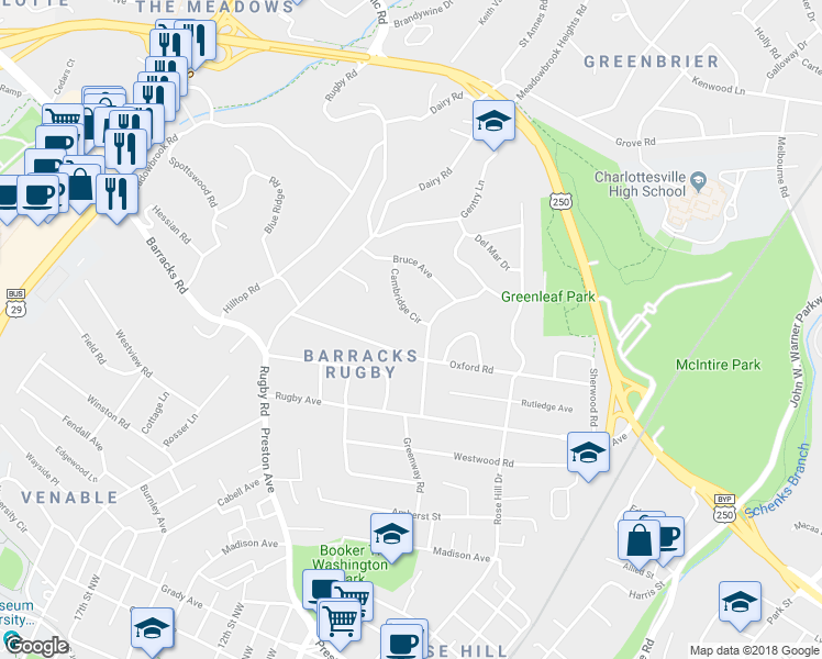 map of restaurants, bars, coffee shops, grocery stores, and more near 1616 Cambridge Circle in Charlottesville
