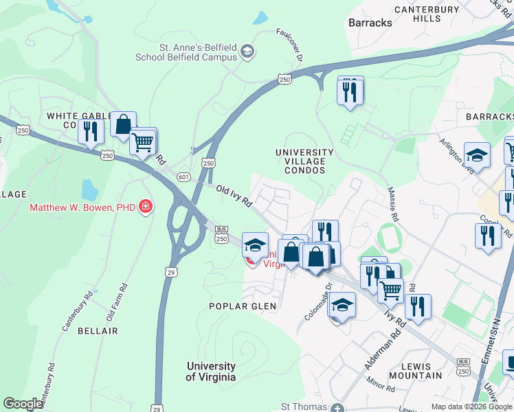map of restaurants, bars, coffee shops, grocery stores, and more near 313 Harvest Drive in Charlottesville