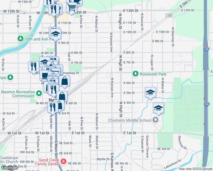 map of restaurants, bars, coffee shops, grocery stores, and more near 410 East 6th Street in Newton