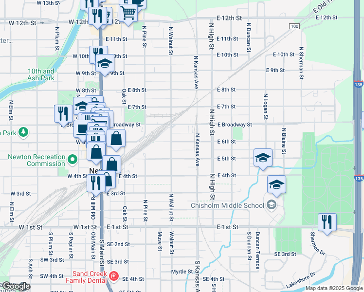 map of restaurants, bars, coffee shops, grocery stores, and more near 410 East 6th Street in Newton