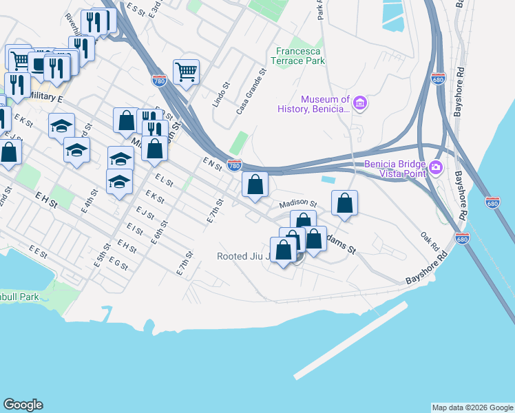 map of restaurants, bars, coffee shops, grocery stores, and more near 780 Buchanan Street in Benicia