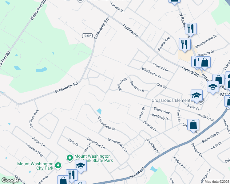 map of restaurants, bars, coffee shops, grocery stores, and more near 875 Justin Trail in Mount Washington