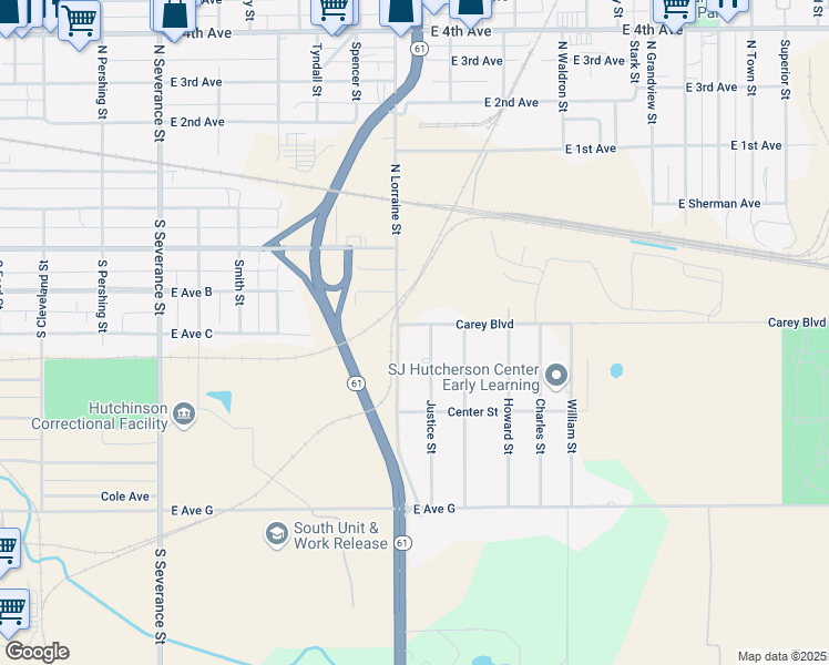 map of restaurants, bars, coffee shops, grocery stores, and more near 1409 Carey Boulevard in Hutchinson