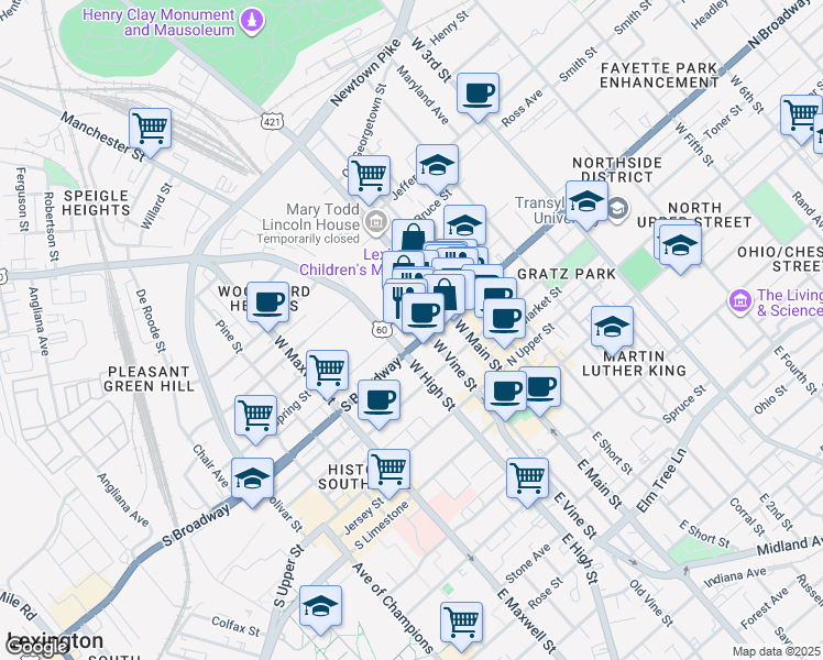 map of restaurants, bars, coffee shops, grocery stores, and more near 410 West Vine Street in Lexington