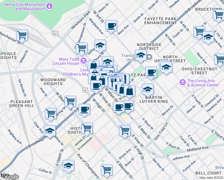 map of restaurants, bars, coffee shops, grocery stores, and more near 139 North Mill Street in Lexington