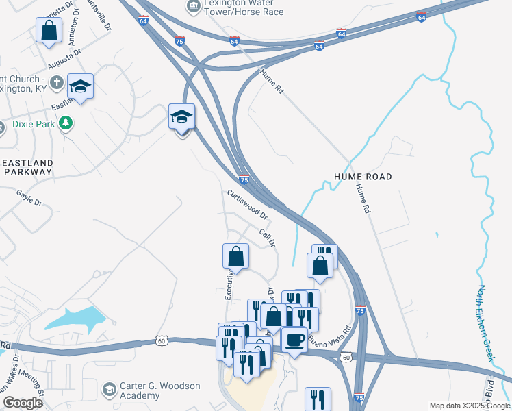 map of restaurants, bars, coffee shops, grocery stores, and more near 2161 Curtiswood Drive in Lexington