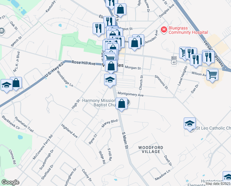 map of restaurants, bars, coffee shops, grocery stores, and more near 298 South Main Street in Versailles