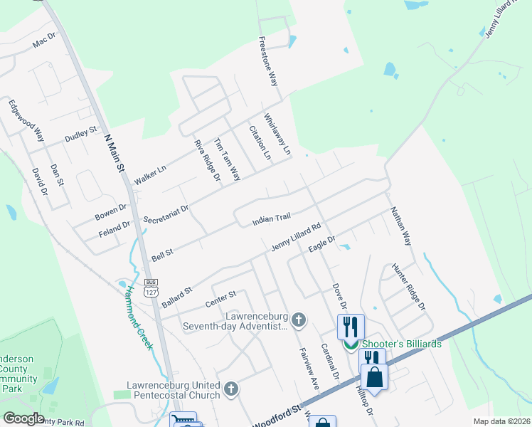 map of restaurants, bars, coffee shops, grocery stores, and more near 1112 Indian Trail in Lawrenceburg