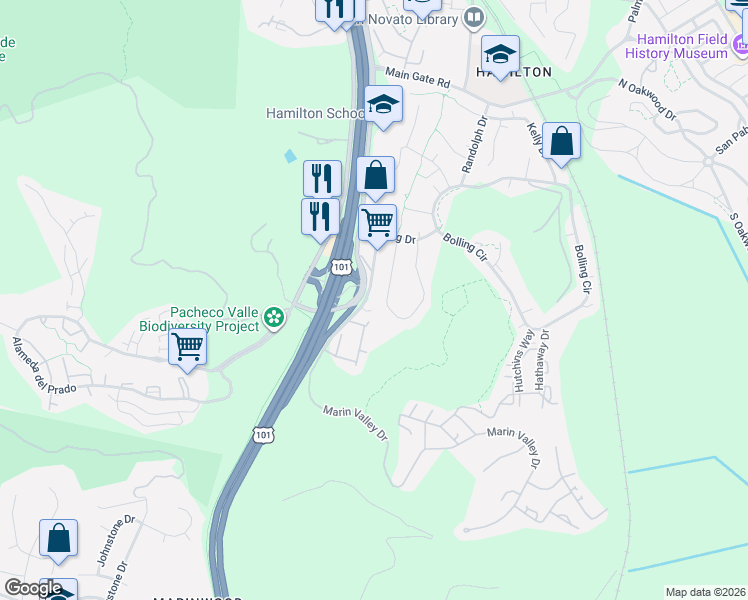 map of restaurants, bars, coffee shops, grocery stores, and more near 257 Marin Valley Drive in Novato