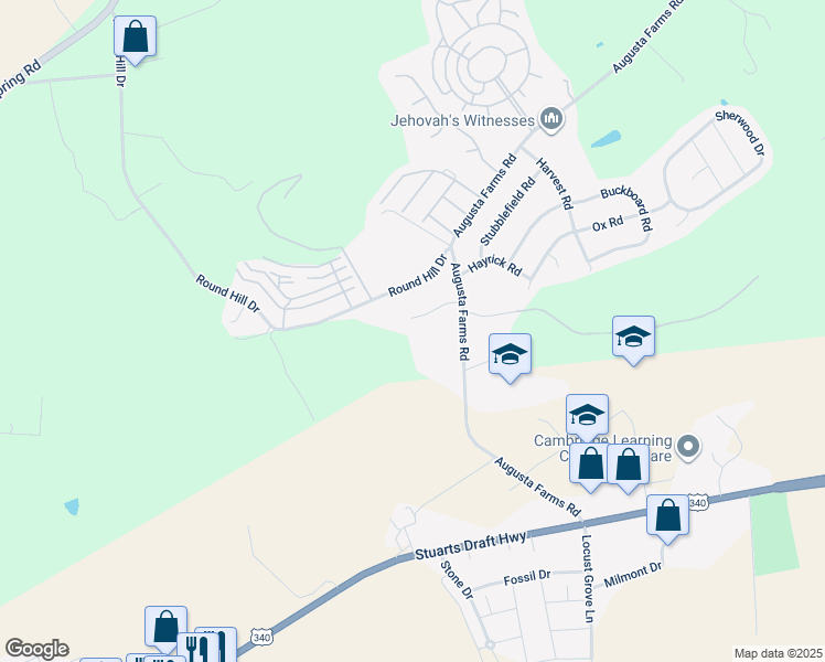 map of restaurants, bars, coffee shops, grocery stores, and more near 46 Augusta Court in Waynesboro