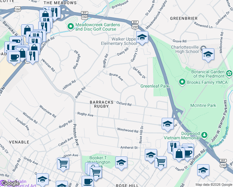 map of restaurants, bars, coffee shops, grocery stores, and more near 1616 Cambridge Circle in Charlottesville