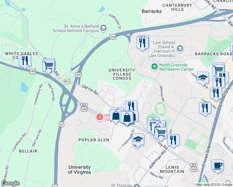map of restaurants, bars, coffee shops, grocery stores, and more near in Albemarle County