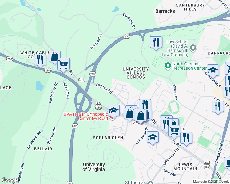 map of restaurants, bars, coffee shops, grocery stores, and more near 322 Harvest Drive in Charlottesville