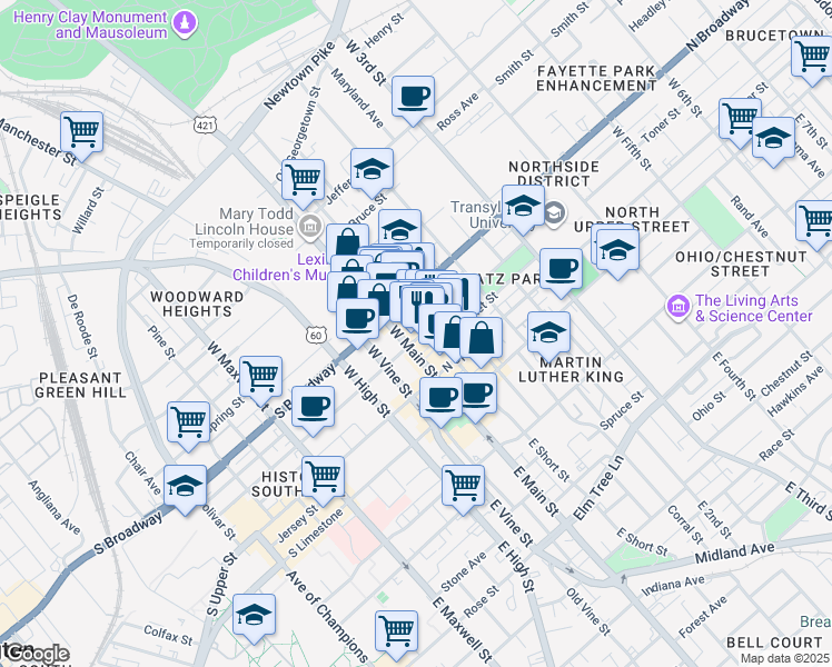 map of restaurants, bars, coffee shops, grocery stores, and more near 139 North Mill Street in Lexington