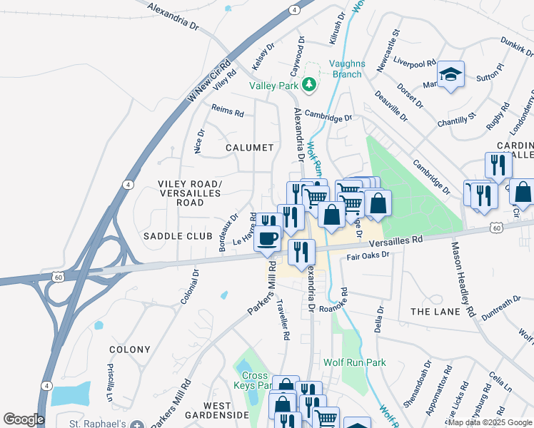 map of restaurants, bars, coffee shops, grocery stores, and more near 2348 Le Havre Road in Lexington