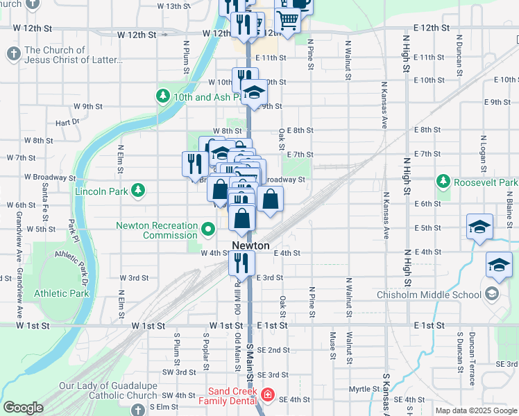 map of restaurants, bars, coffee shops, grocery stores, and more near 122 E 6th St in Newton