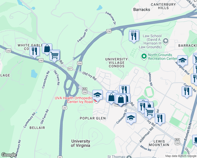 map of restaurants, bars, coffee shops, grocery stores, and more near 322 Harvest Drive in Charlottesville