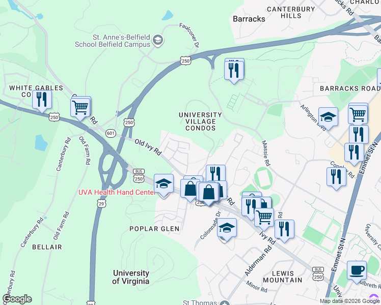 map of restaurants, bars, coffee shops, grocery stores, and more near in Albemarle County