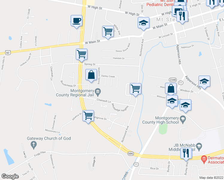 map of restaurants, bars, coffee shops, grocery stores, and more near 320 Clearwater Way in Mount Sterling