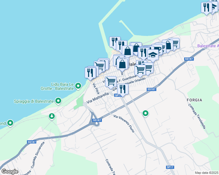 map of restaurants, bars, coffee shops, grocery stores, and more near 53 Via Luigi Capuana in Balestrate-foce