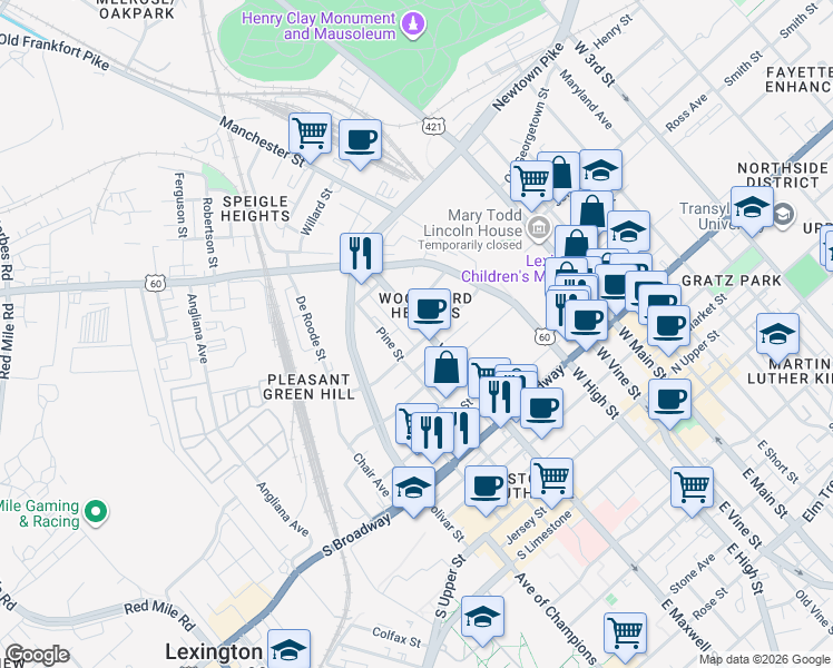 map of restaurants, bars, coffee shops, grocery stores, and more near 365 Merino Street in Lexington