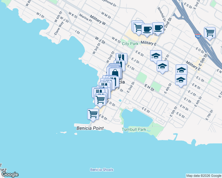 map of restaurants, bars, coffee shops, grocery stores, and more near 128 West F Street in Benicia