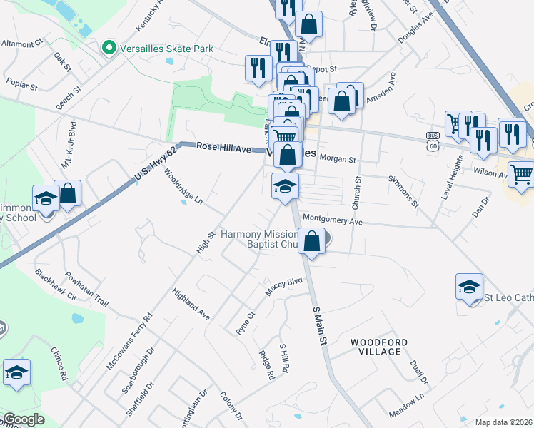 map of restaurants, bars, coffee shops, grocery stores, and more near 125 Macey Avenue in Versailles